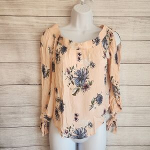 HIP Medium Peach Floral Cold Shoulder Boho Blouse Tie Sleeve Top